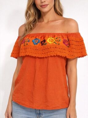Boho Embroidered Off‑Shoulder Peasant Top – Floral Festival Blouse Small